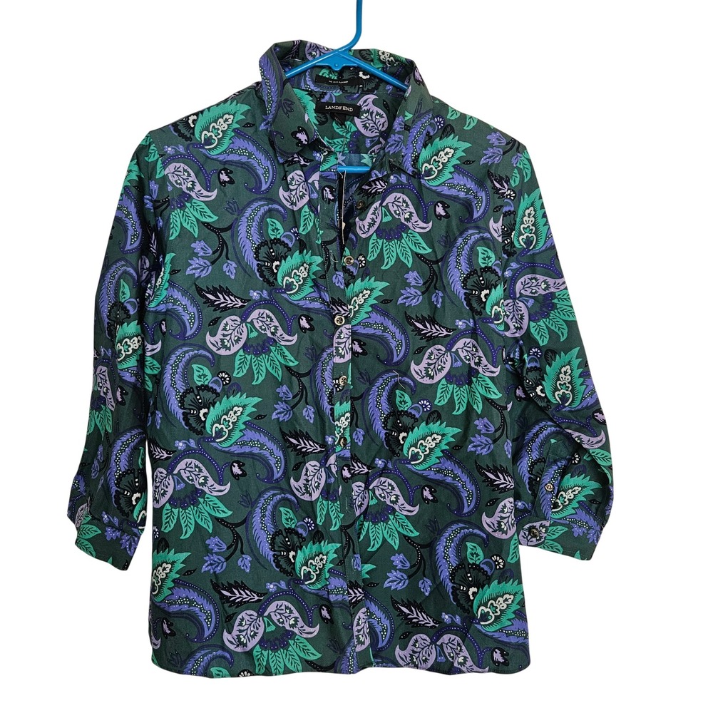 Lands End Womens 12P No Iron Supima Cotton 3/4 Sleeve Floral Paisley Shirt Green